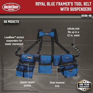3-Bag Framer's Suspension Rig Work Tool Belt with Suspenders in Royal Blue