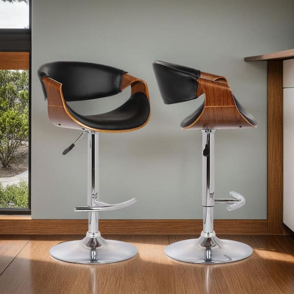 Armen Living Butterfly 25-33 in. Black Faux Leather and Chrome Finish Adjustable Swivel Bar Stool