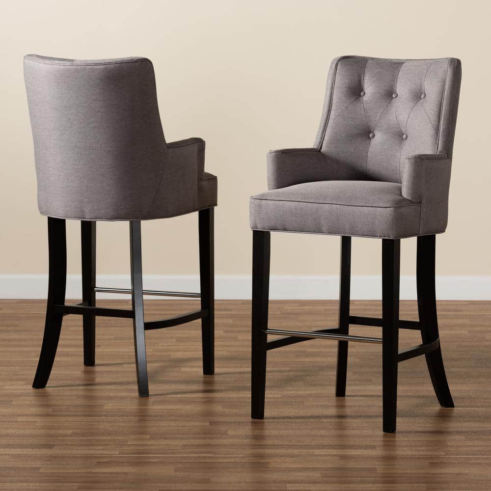 Aldon Gray Fabric and Dark Brown Wood Bar Stools, Set of 2