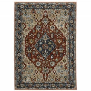Blue Beige Tan Brown Gold and Rust Red 3 ft. x 5 ft. Oriental Power Loom Stain Resistant Fringe with Area Rug