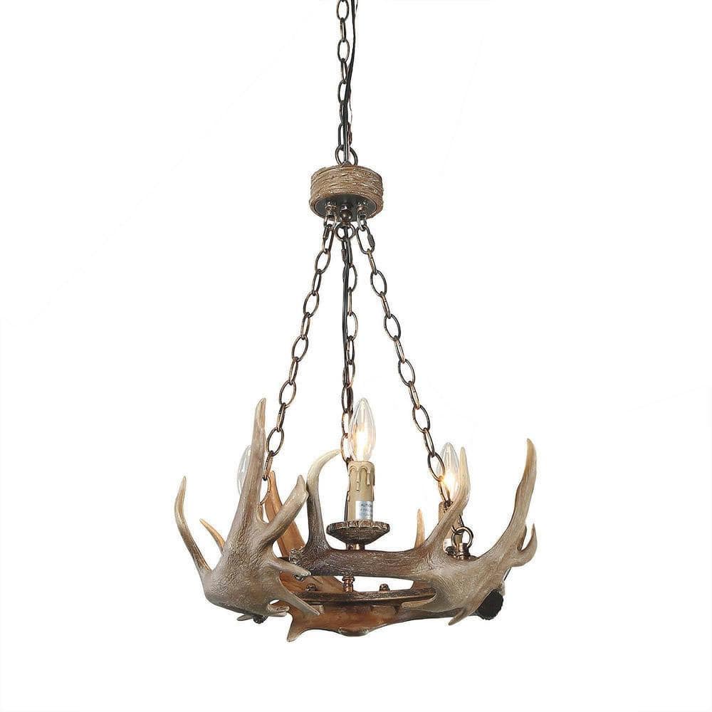 Antler 3-Light Farmhouse Chandelier Faux Antler and Candelabras Antique Bro