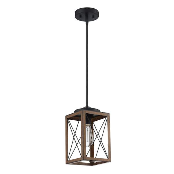 Mateo 1-Light Black and Barnwood Cage Mini Pendant Kitchen Island 1-Light Hanging Lamp
