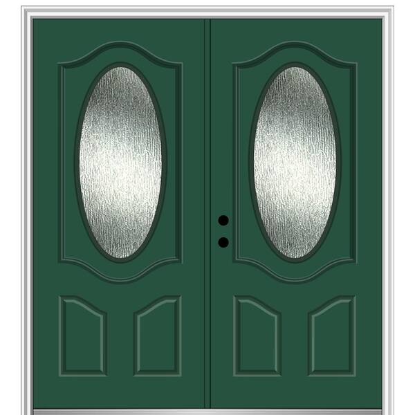 MMI Door 72 in. x 80 in. Right-Hand/Inswing Rain Glass Hunter Green Fiberglass Prehung Front Door on 4-9/16 in. Frame