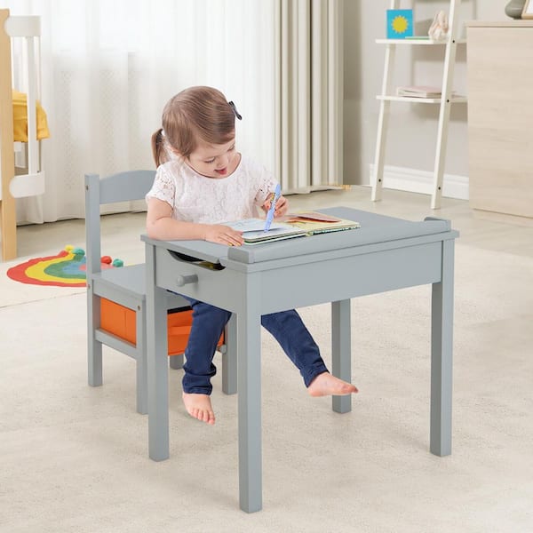 Wooden Kids Study Desk & Chair Writing Table w/Drawer Storage