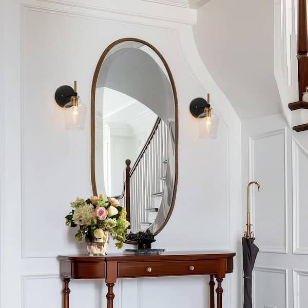 4.5 in. 1-Light Black Bathroom Wall Sconce, Bell Clear Glass Bath Lighting, Modern Farmhouse Brass Gold Vanity Light