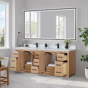 Anais 84 in. W x 22 in. D x 33 in. H Double Sink Bath Vanity in Brown with White Engineered Stone Top and Mirror