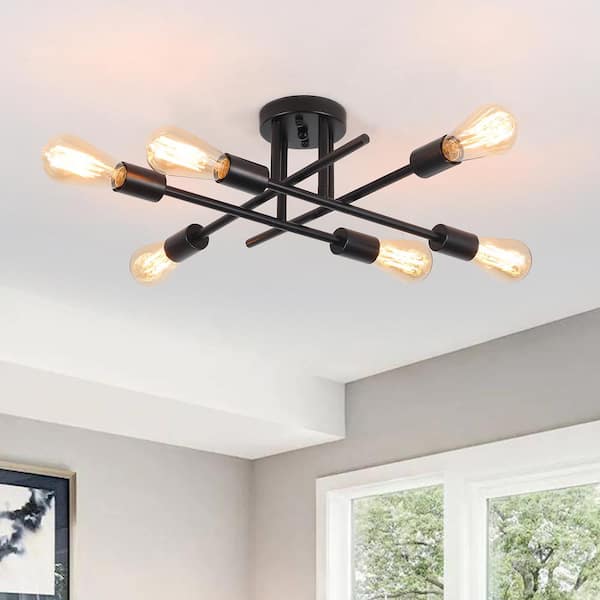 ZJVAIVE 18.11 in. 6-Light Black Metal Semi- Flush Mount Light for Dining Room with No Bulbs Included