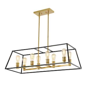 Liane 35 in. 8-Light Black/Brass Gold Farmhouse Industrial Iron Linear LED Cage Pendant