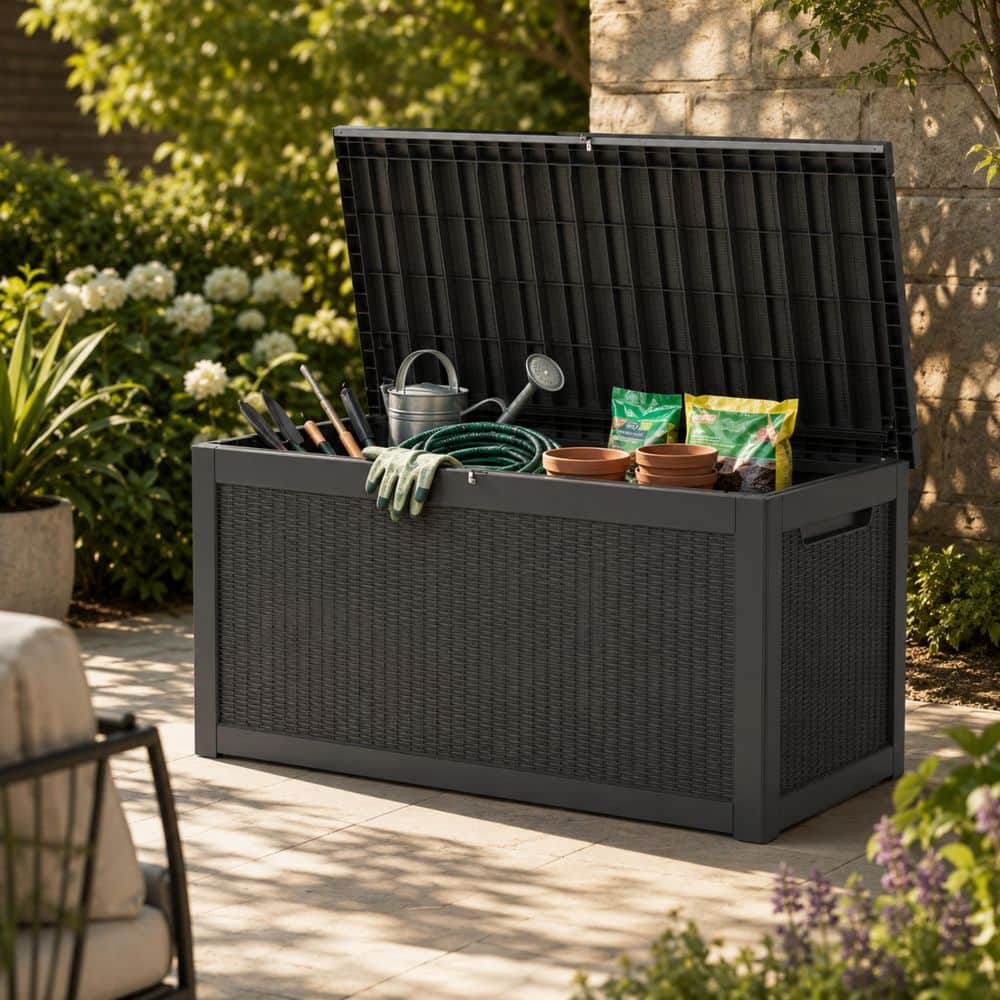 320 Gal. Jumbo Black Wood Grain Resin Deck Box with Dual Gas Struts Large Outdoor Patio Pool Storage Box