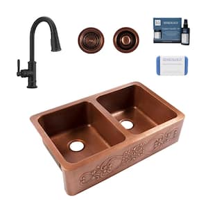 Ganku 36 in. Farmhouse Apron Undermount Double Bowl 16 Gauge Antique Copper Kitchen Sink with Bronze Faucet Kit