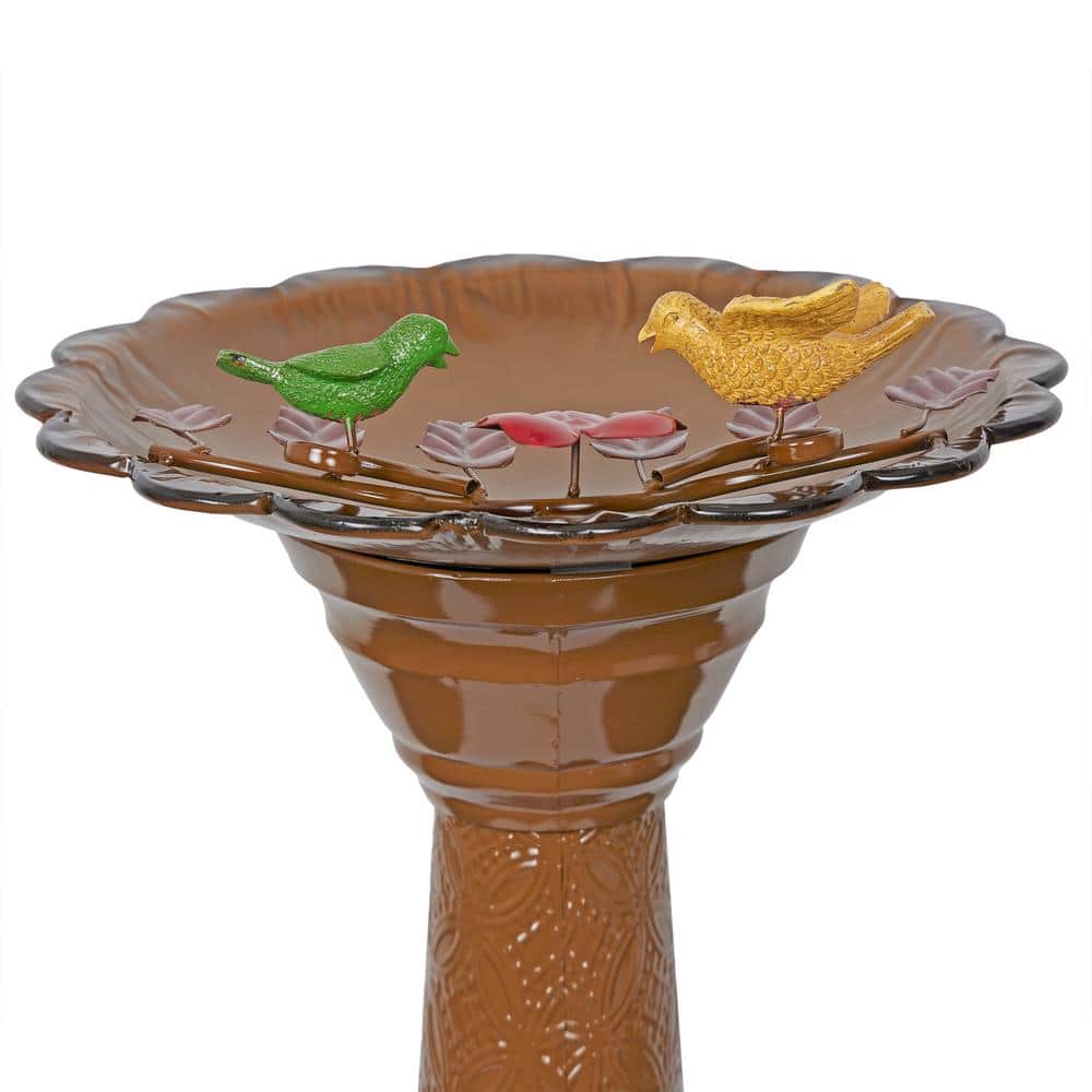Brown Metal Pedestal Birdbath with Floral Basin, 28"