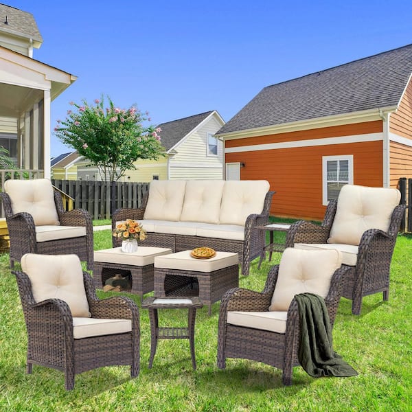 Brown 9-Piece Wicker Patio Furniture Set Outdoor Rattan Lounge Chairs Ottomans and Side Table with Beige Cushions
