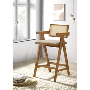 Kane 27.75 in. Light Walnut Solid Wood Bar Stool with Woven Rattan Back and Upholstered Seat (Set of 2)
