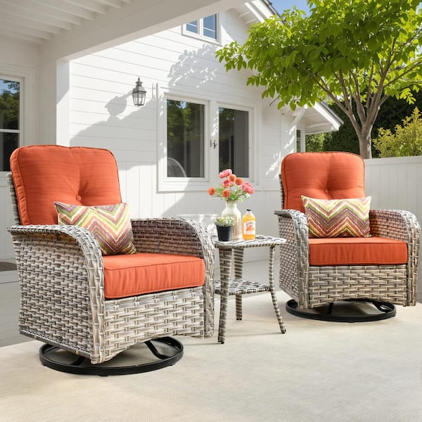OVIOS Vinceny Gray 3-Piece Wicker Patio Conversation Seating Set with Orange Red Cushions and Swivel Chairs