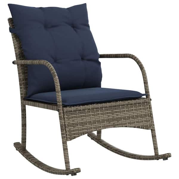 MOEPISY Plastic Metal Outdoor Rocking Chair Grey with Blue Cushion, Poly Rattan and Powder-Coated Steel