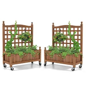 32 in. Natural Wood Planter Box with Trellis and Wheels Mobile Plant Raised Bed for Indoor and Outdoor (2-Pack)