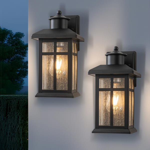 12 in. Black Outdoor Hardwired Wall Lantern Sconce with Clear Seeded Glass, No Bulbs Included (2-Pack)