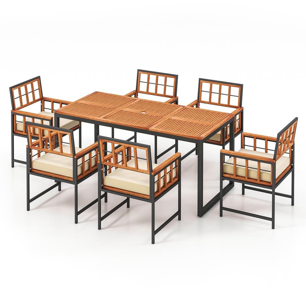 7-Piece Beige Cushion Acacia Wood Outdoor Dining Set
