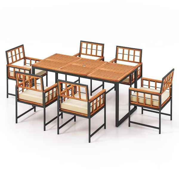 7-Piece Acacia Wood Outdoor Dining Set with Beige Cushions