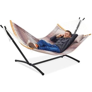 115 in. Space-Saving Patio Hammock with Stand, Foldable Portable Swing Chair Bed Detachable Pillow-Coffee Stripes