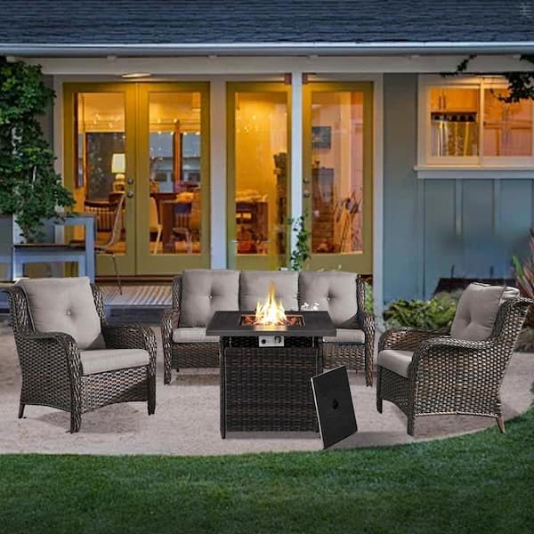 moosprr 4-Piece Brown Wicker Fire Pit Conversation Set with Olefin Gray Cushions and Curved Arm Couch