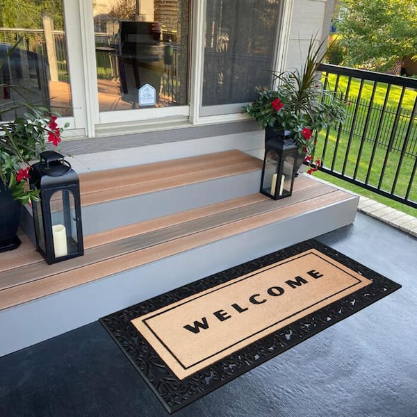 A1HC Welcome Flocked Entrance Door Mats Black/Beige 30 in. x 60 in. Rubber & Coir, Heavy Duty, Extra Large Size Doormat
