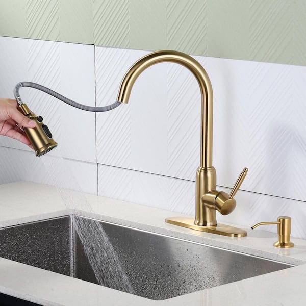 15.4 in. Single Handle Pull Down Sprayer Kitchen Faucet with 360° Swivel Spout, Soap Dispenser in Stainless Steel Gold