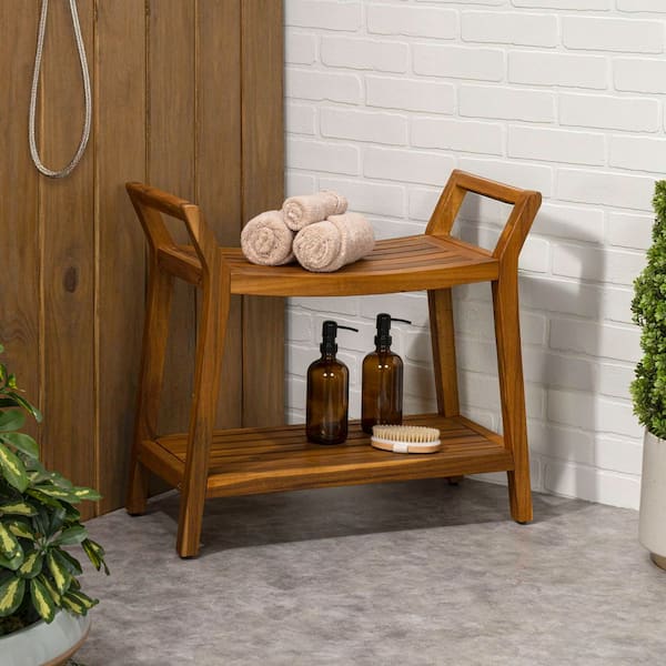 Orla 25.59 in. Modern Classic Slatted Solid Acacia Wood Indoor/Outdoor Shower Bench with Shelf and Handle, Natural