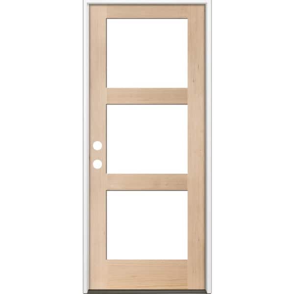 Krosswood Doors 32 in. x 96 in. Modern Hemlock Right-Hand/Inswing 3-Lite Clear Glass Unfinished Wood Prehung Front Door