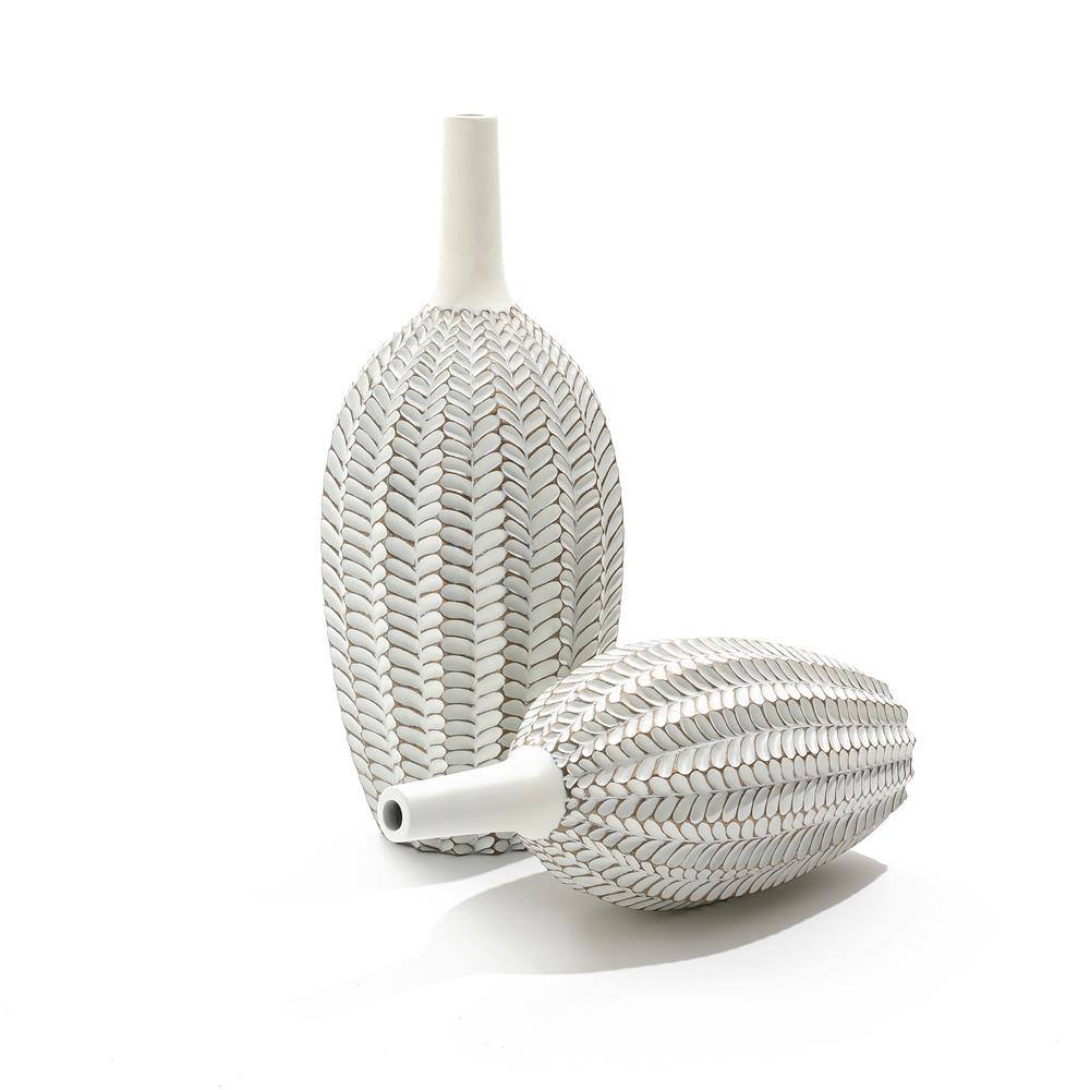 White Geometric Pattern Polyresin Trumpet Vase 23.5 Inches Tall