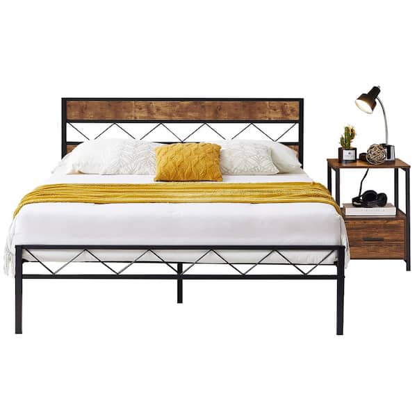 VECELO Platform Bed Frame & Nightstand with Charging Station Set 3-Piece Brown Metal + Wood Queen Bedroom Set