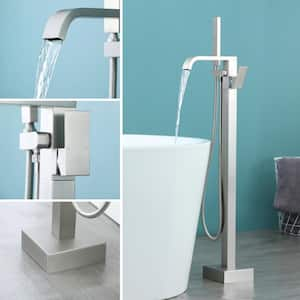 Hicks Single-Handle Freestanding Floor Mount Tub Waterfall Faucet with Hand Shower in Brushed Nickel