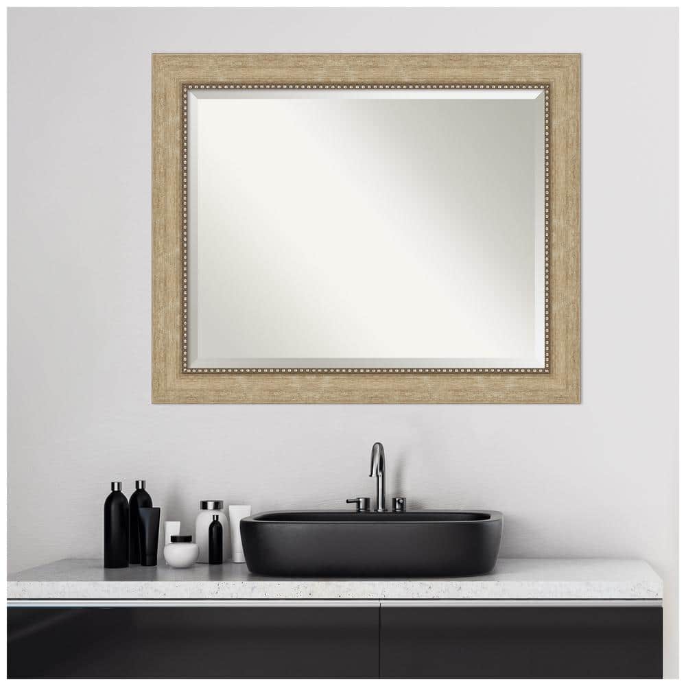 Rectangular Gold Beaded Gray Wood Wall Mirror