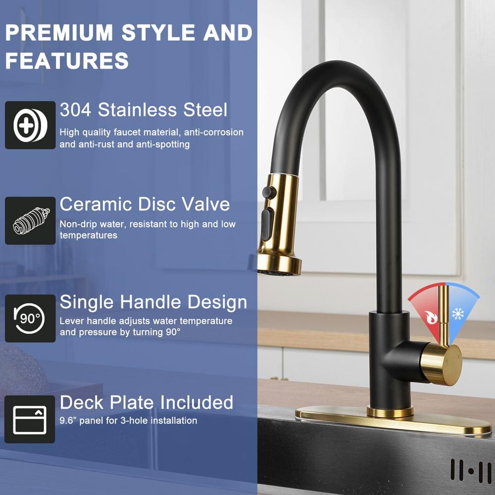 Gold and Black Stainless Steel High-Arc Kitchen Faucet with Pull-Out Spray