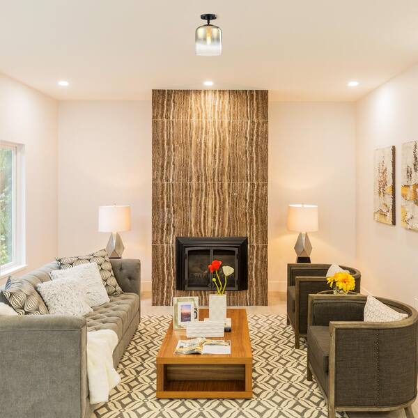 Designers Fountain - Gastby 8.5 in. 1-Light Matte Black Glam Entryway Semi-Flush Mount with Gold Ombre Glass Shade