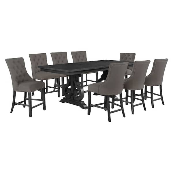 Best Quality Furniture Elias 9-Piece Rectangle Counter Height Dining Set with Gray Linen Fabric Chairs.