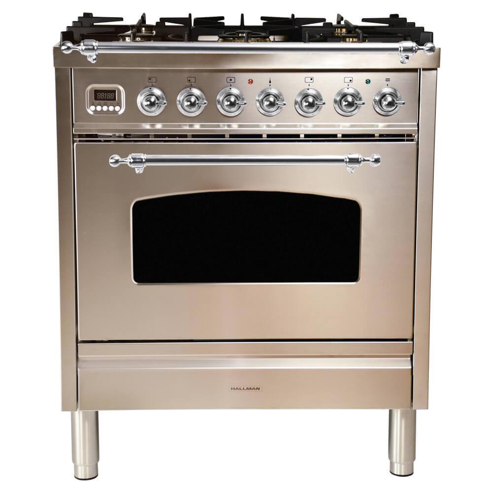Hallman 30 in 3.0 cu. ft. Single Oven Dual Fuel Italian Range with True Convection, 5 Burners, Chrome Trim in Stainless Steel, Silver