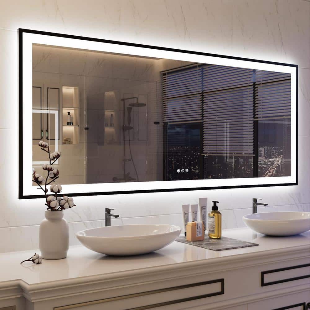 Apmir 72 in. W x 32 in. H Rectangular Space Aluminum Framed Dual Lights Anti-Fog Wall Bathroom Vanity Mirror in Tempered Glass, Matte Black -  L001B18181