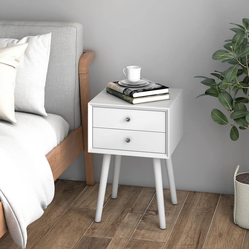 Mid-Century Modern White Wood 2-Drawer Nightstand