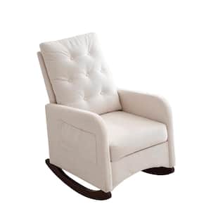 Beige Modern Accent High Backrest Polyester Fabric Rocking Chair with 2 Side Pockets