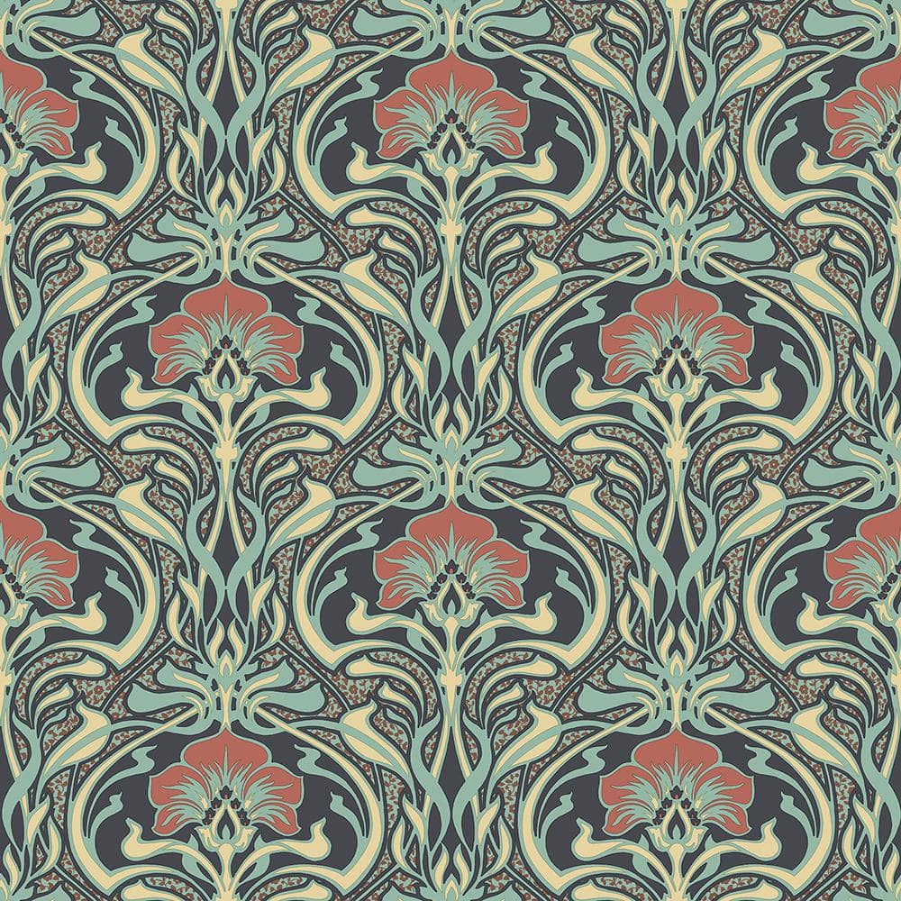 Moss Green and Black Floral Nouveau Wallpaper, 20.5-in by 33-ft
