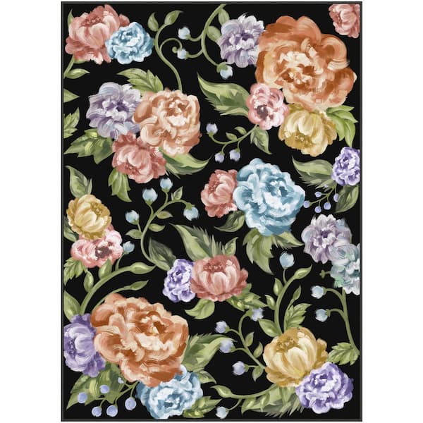 HaiiMeid Summer Flowers Black 6 ft. x 9 ft. Floral Washable Area Rug