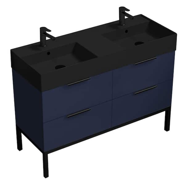 Derin 47.64 in. W x 18.11 in. D x 34.65 in H Double Floor Standing Bath Vanity in Navy Blue with Matte Black Ceramic Top