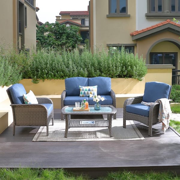 HOOOWOOO Venice Gray 4-Piece Wicker Modern Outdoor Patio Conversation Sofa Seating Set with Denim Blue Cushions