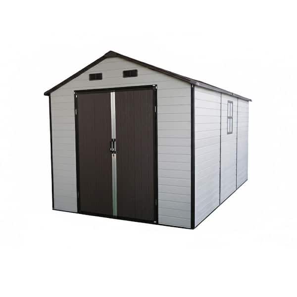 14 ft. W x 8 ft. D Antique Brown and White Outdoor Resin Garden Shed with Floor(112 sq. ft. )