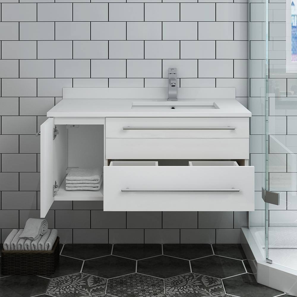 White 36" Wall-Mount Vanity with Quartz Top and Ceramic Sink