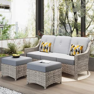 Eureka Grey 3-Piece Modern Wicker Outdoor Patio Conversation Sofa Seating Set with Light Grey Cushions