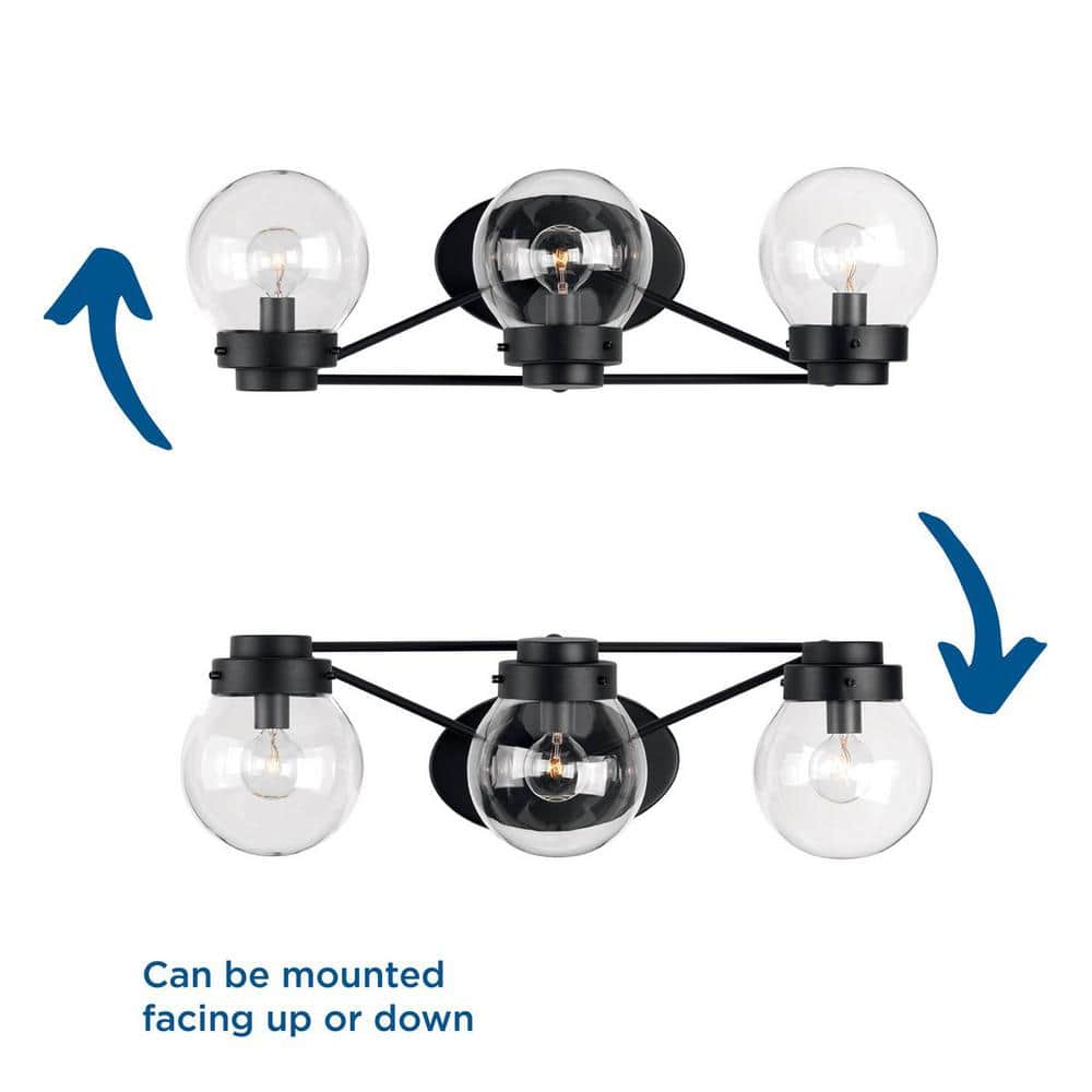 Matte Black 3-Light Bath Vanity with Clear Globe Shades