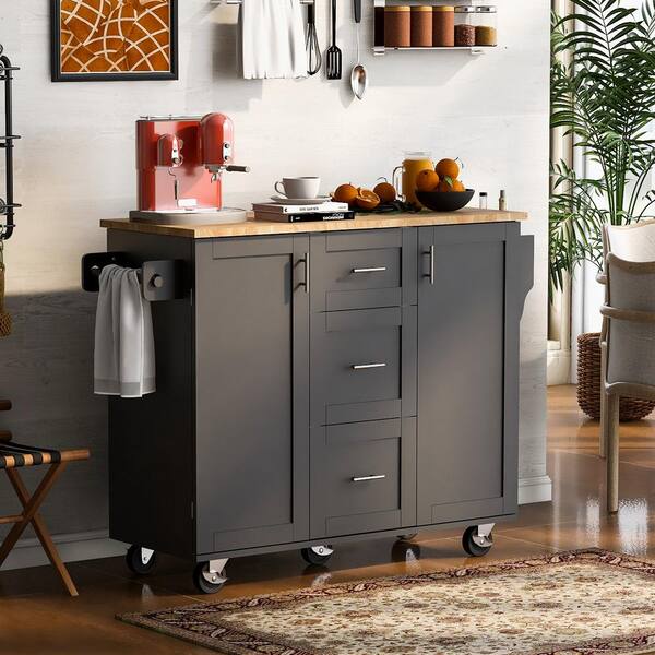 Clihome Black Rubber Wood 50 in. Buffet with Wheels and 2-Slide-Out Shelf and Internal Storage Rack