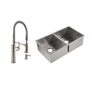 Lyric 32 in. Stainless Steel 18 Gauge Undermount Double Equal Bowl Kitchen Sink with Sous Semi Pro Faucet
